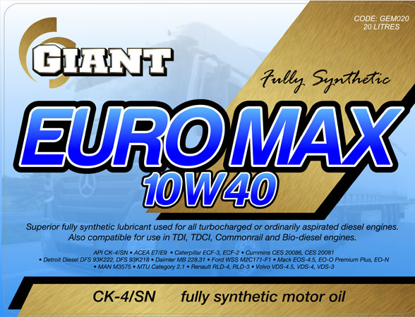 GIANT EUROMAX 10W40 CK4/SN – Available sizes : 1L, 5L, 20L, 200L