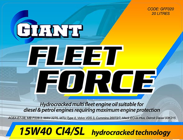 GIANT FLEET FORCE 15W40 CI4/SL – Available sizes: 1L, 5L, 20L, 200L, 1000L GIANT FLEET FORCE 15W40 CI4/SL – Available sizes: 1L, 5L, 20L, 200L, 1000L