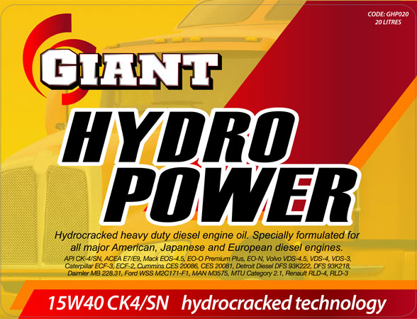 GIANT HYDROPOWER 15W40 CK4 – Available sizes: 1L, 5L, 20L, 200L, 1000L GIANT HYDROPOWER 15W40 CK4 – Available sizes: 1L, 5L, 20L, 200L, 1000L