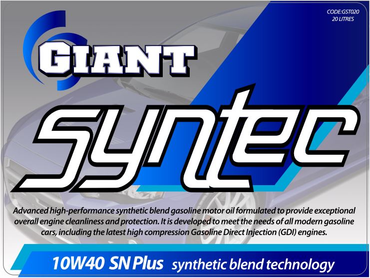 GIANT SYNTEC 10W40 SN – Available sizes: 1L, 5L, 20L, 200L GIANT SYNTEC 10W40 SN – Available sizes: 1L, 5L, 20L, 200L