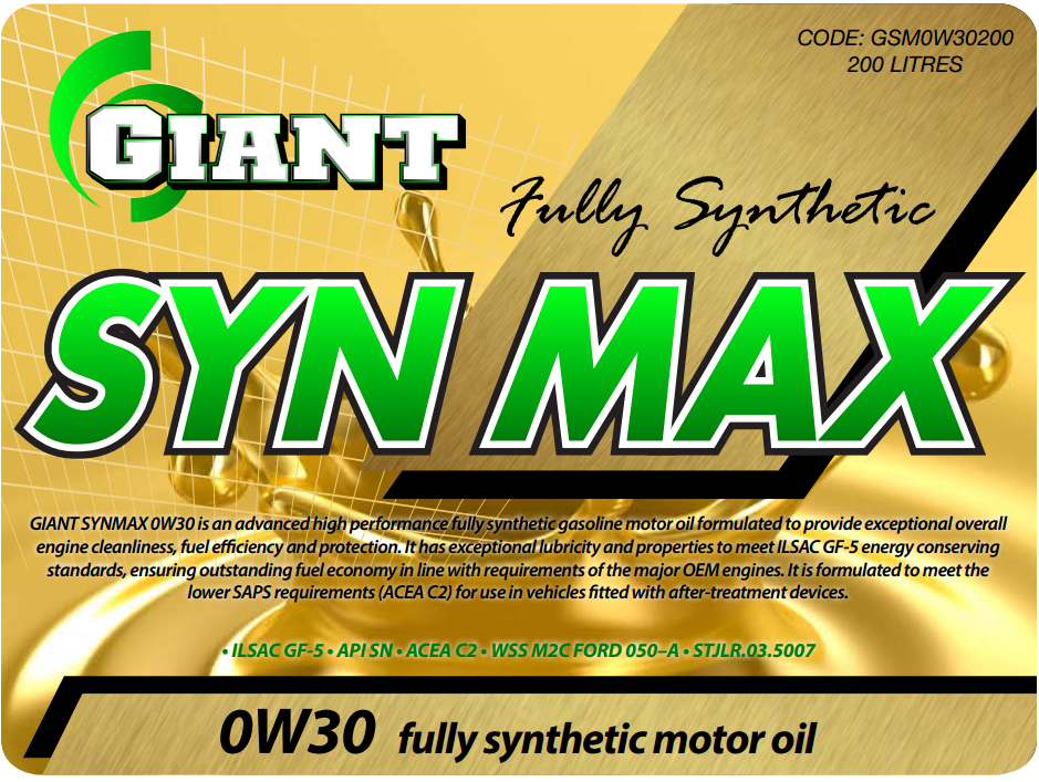 GIANT SYN MAX 0W30 C2 – Available sizes: 1L, 5L, 20L, 200L GIANT SYN MAX 0W30 C2 – Available sizes: 1L, 5L, 20L, 200L