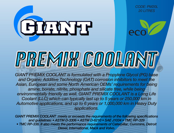 GIANT PREMIX COOLANT BLUE – Available sizes: 1L, 5L, 20L, 200L GIANT PREMIX COOLANT BLUE – Available sizes: 1L, 5L, 20L, 200L