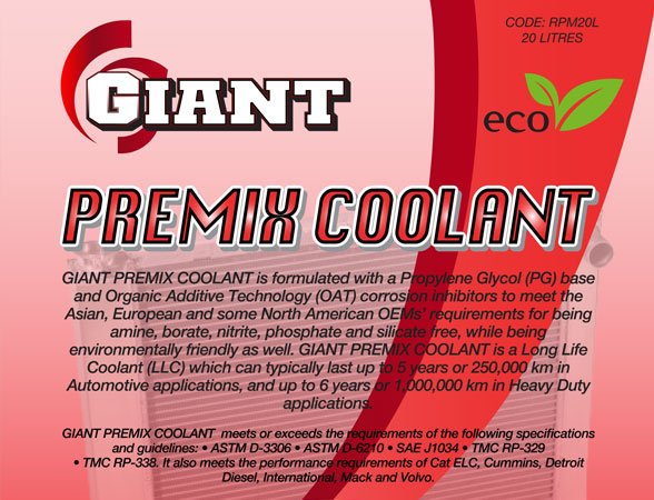 GIANT PREMIX COOLANT RED – Available sizes: 1L, 5L, 20L, 200L