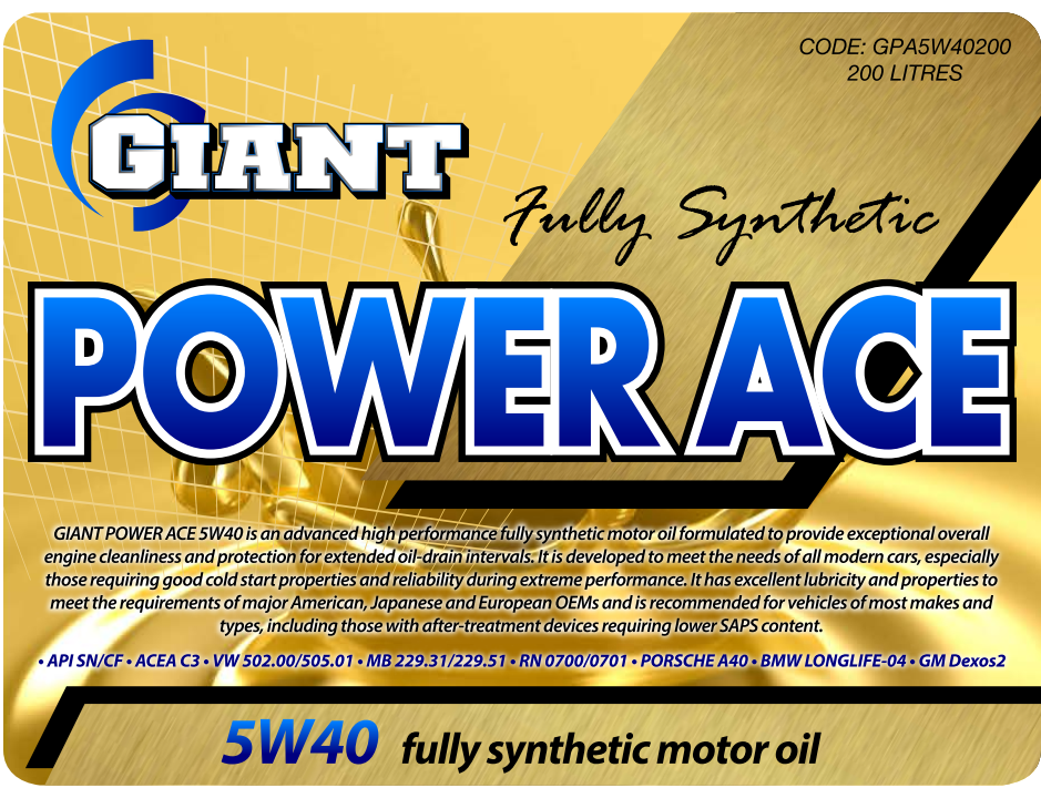 Power Ace 5W40 – Available sizes: 1L, 5L, 20L, 200L Power Ace 5W40 – Available sizes: 1L, 5L, 20L, 200L
