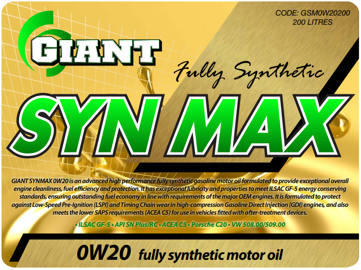 GIANT SYN MAX 0W20 C5 – Available sizes: 1L, 5L, 20L, 200L GIANT SYN MAX 0W20 C5 – Available sizes: 1L, 5L, 20L, 200L