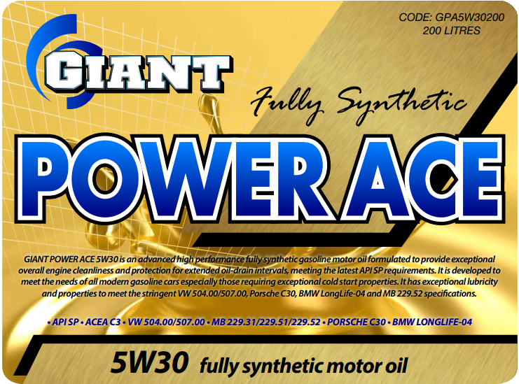 Power Ace 5W30 – Available sizes: 1L, 5L, 20L, 200L Power Ace 5W30 – Available sizes: 1L, 5L, 20L, 200L
