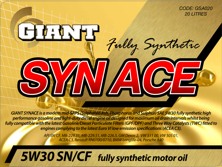 GIANT SYN ACE 5W30 SN/CF/C3 – Available sizes: 1L, 5L, 20L, 200L GIANT SYN ACE 5W30 SN/CF/C3 – Available sizes: 1L, 5L, 20L, 200L