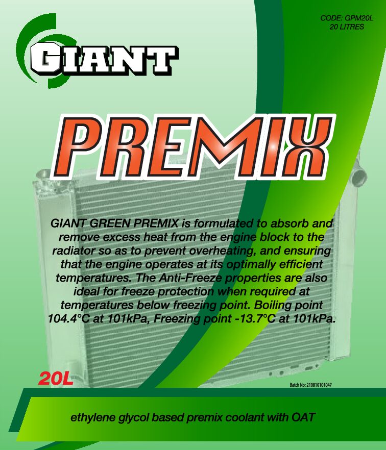 GIANT PREMIX COOLANT GREEN EG – Available sizes: 1L, 5L, 20L 200L