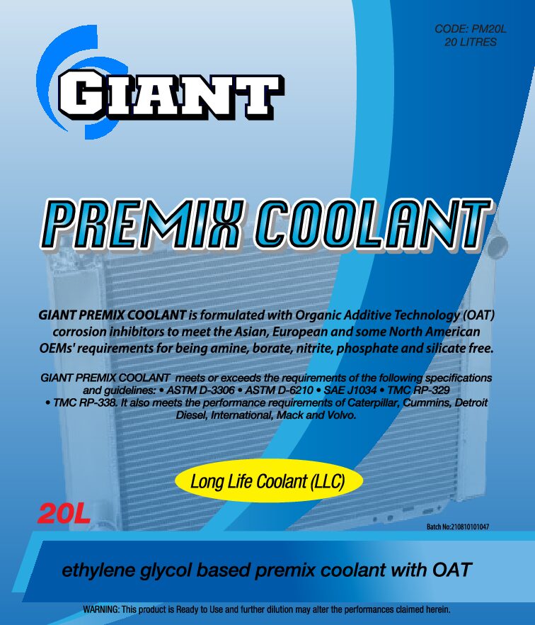 GIANT PREMIX COOLANT BLUE EG- Available sizes: 1L, 5L, 20L, 200L