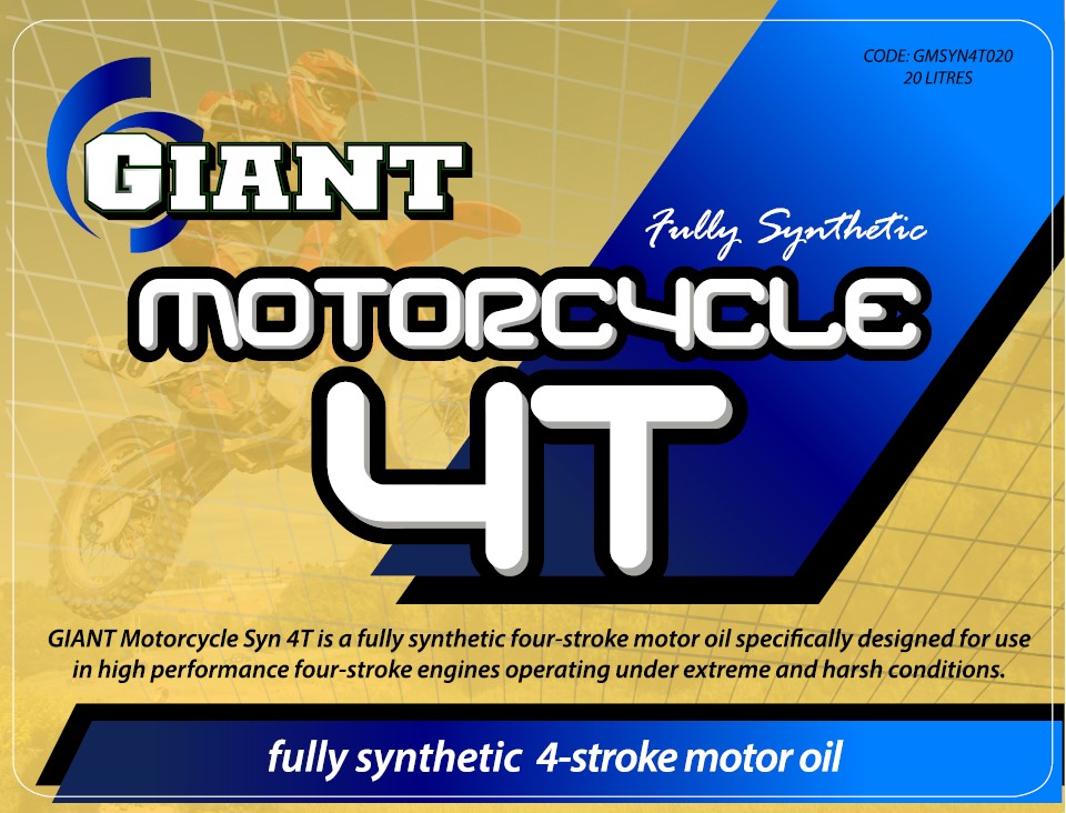 GIANT MOTORCYCLE 4T FULLY SYNTHETIC Available sizes 1L, 5L, 20L, 200L Giant Oil and Lubricants