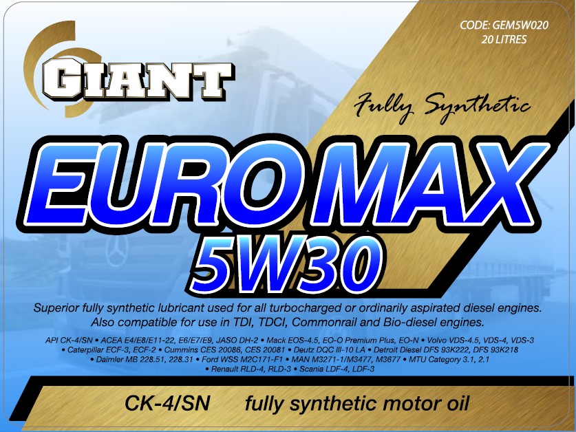 GIANT EUROMAX 5W30 CK4/SN – Available sizes : 1L, 5L, 20L, 200L