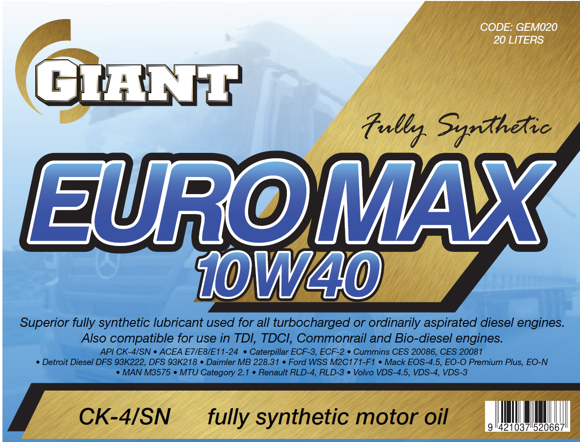 GIANT EUROMAX 10W40 CK4/SN – Available sizes : 1L, 5L, 20L, 200L (Copy)