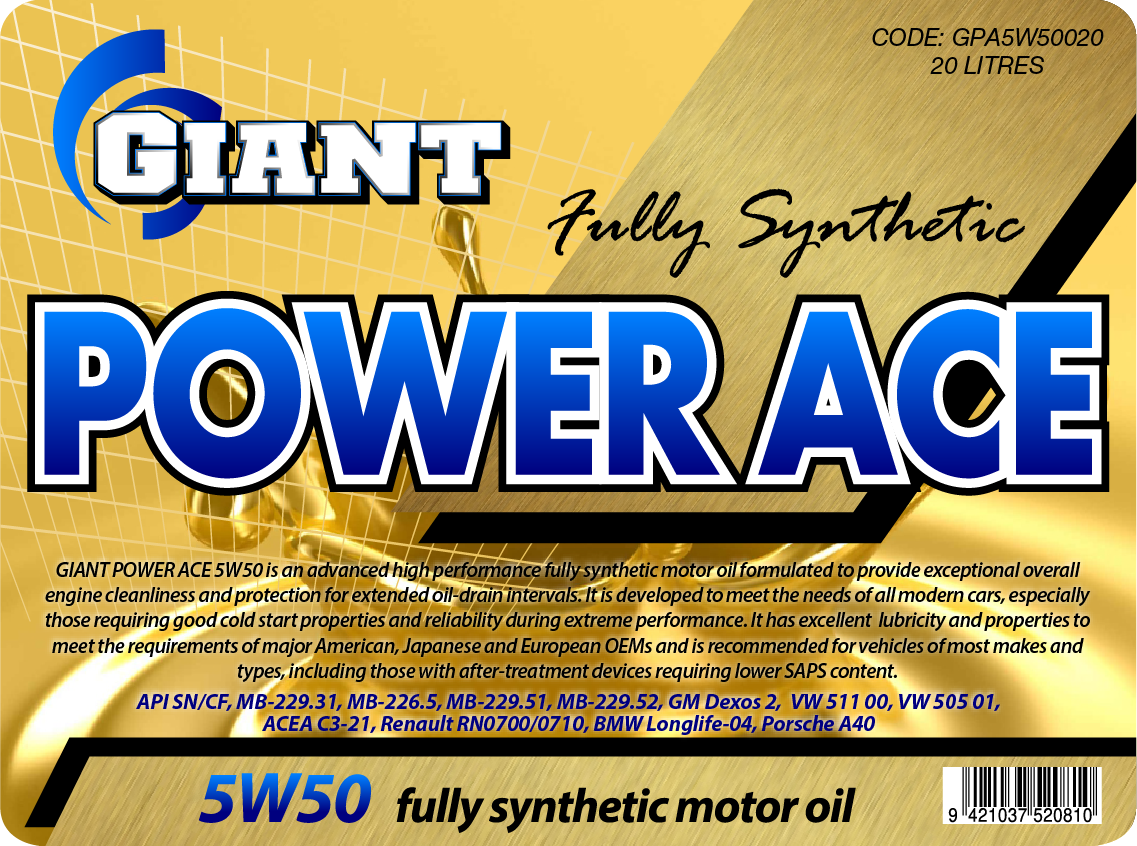 Power Ace 5W50 – Available sizes: 1L, 5L, 20L, 200L