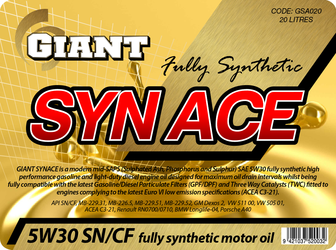 GIANT SYN ACE 5W30 SN/CF/C3 – Available sizes: 1L, 5L, 20L, 200L
