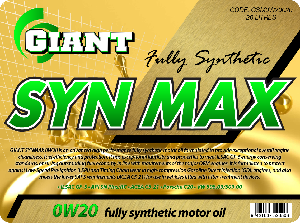 GIANT SYN MAX 0W20 C5 – Available sizes: 1L, 5L, 20L, 200L