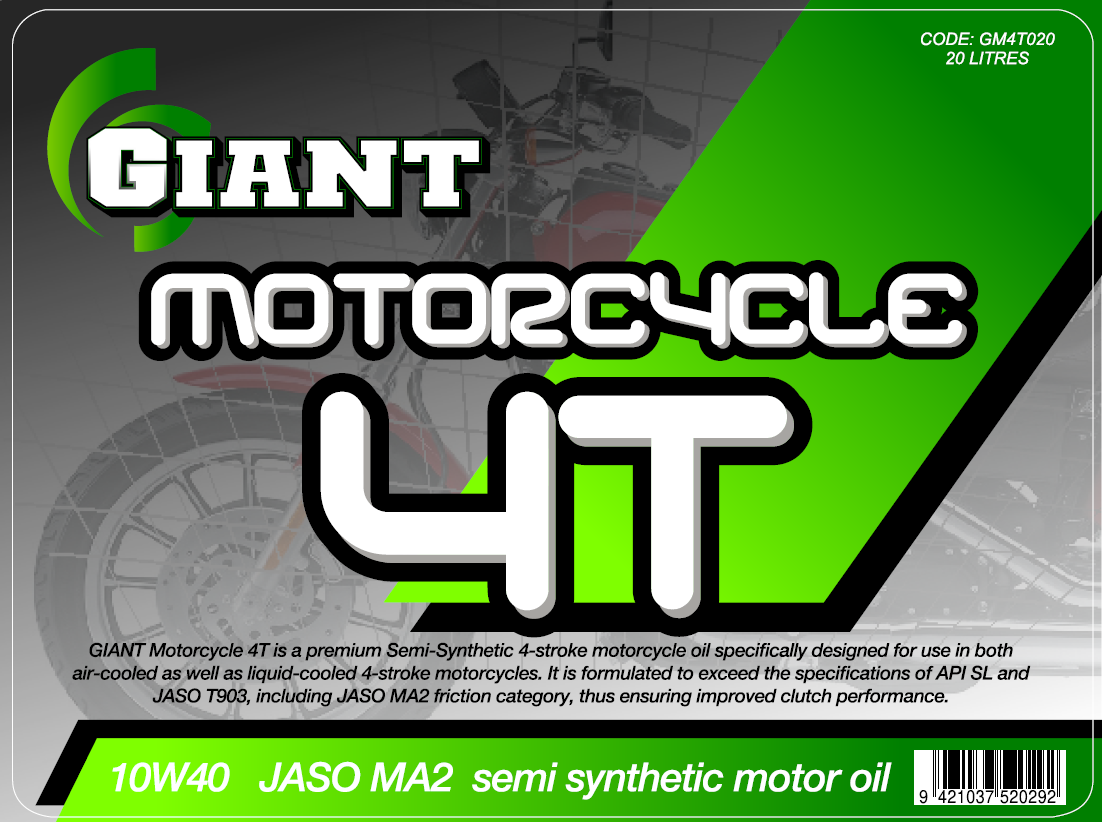 GIANT MOTORCYCLE 4T 10W40 – Available sizes: 1L, 5L, 20L, 200L GIANT MOTORCYCLE 4T 10W40 – Available sizes: 1L, 5L, 20L, 200L