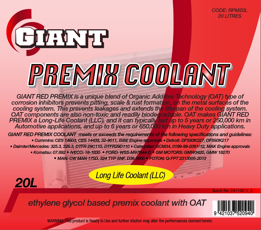 GIANT PREMIX COOLANT RED – Available sizes: 1L, 5L, 20L, 200L