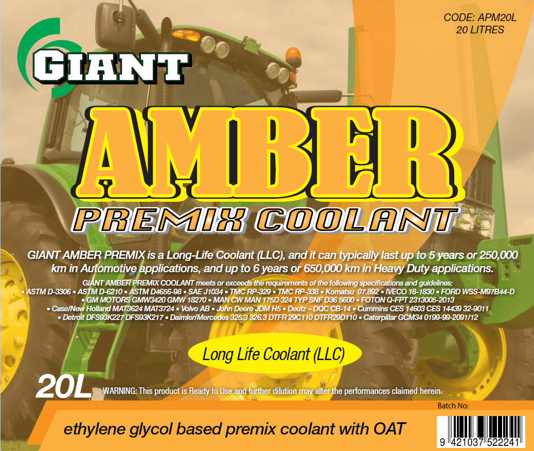 GIANT PREMIX COOLANT AMBER – Available sizes: 5L, 20L, 200L