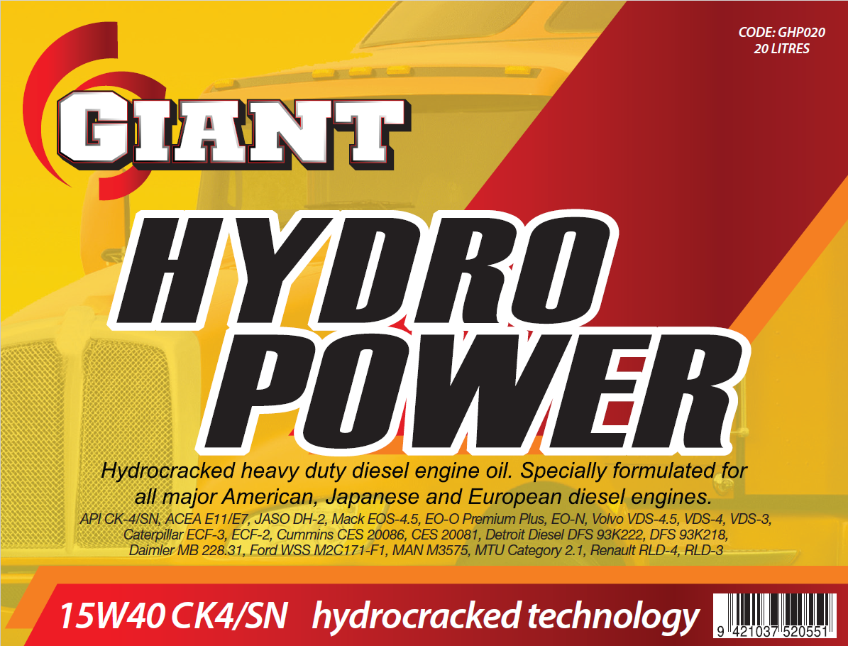 GIANT HYDROPOWER 15W40 CK4 – Available sizes: 1L, 5L, 20L, 200L, 1000L